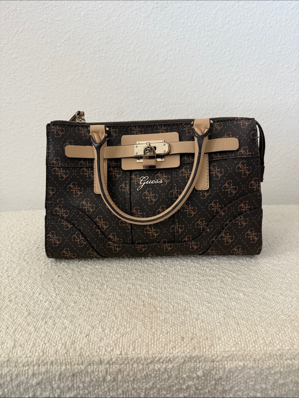 GUESS Brown Logo Satchel with Tan Trim and Gold Hardware